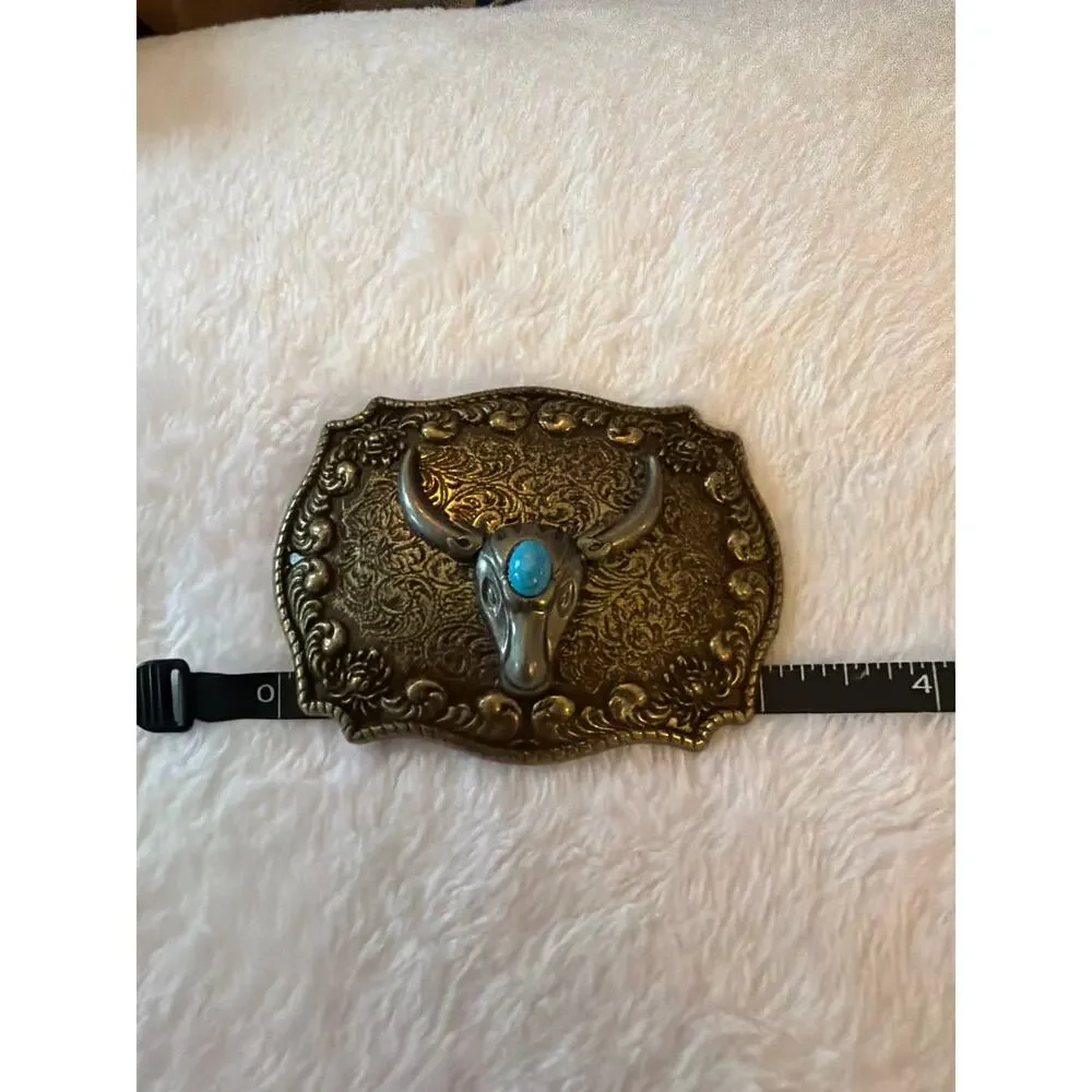 Western Longhorn Steer Skull Belt Buckle Faux Turquoise Antique Brass 3.8